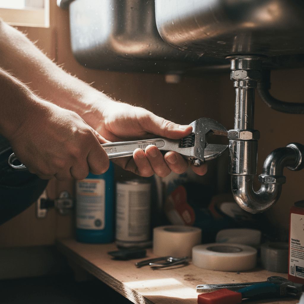 Handyman tightening a faucet under a sink
