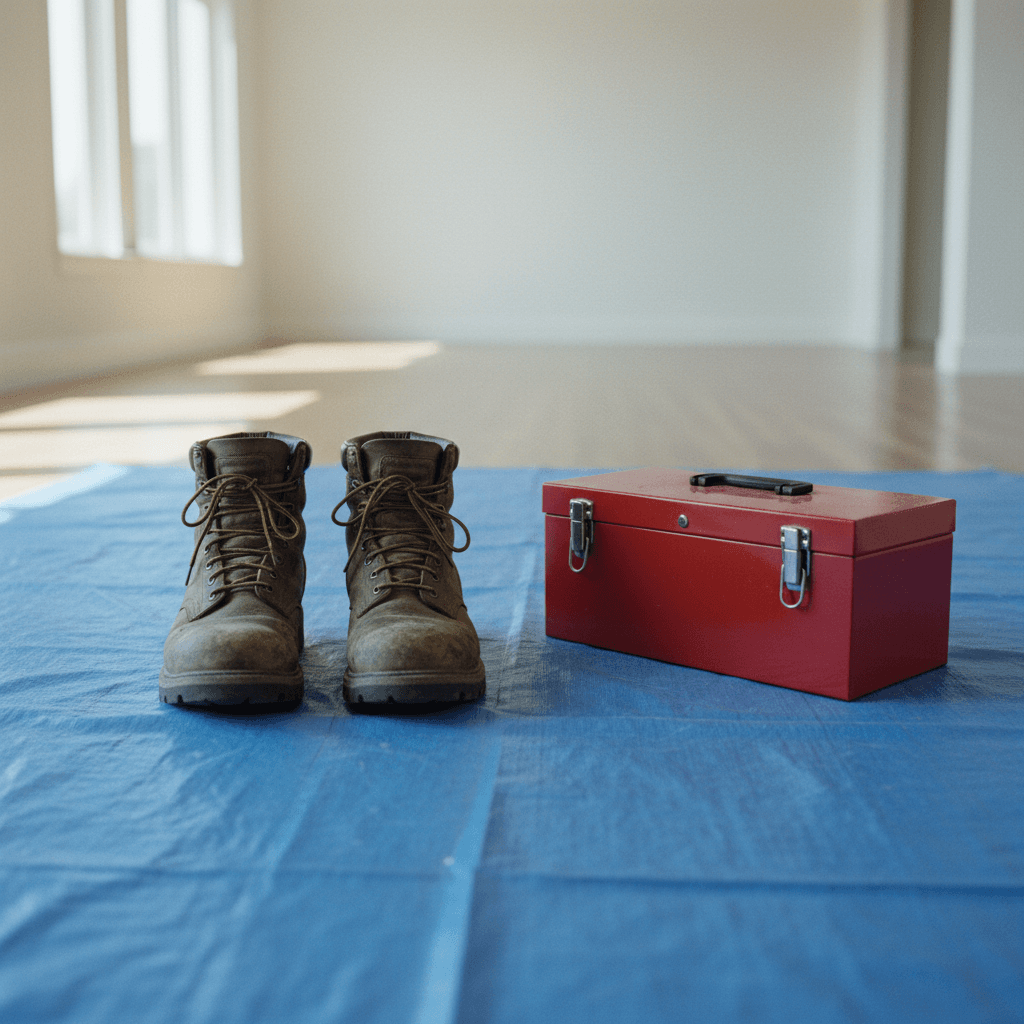 Handyman's boots and toolbox on a clean tarp