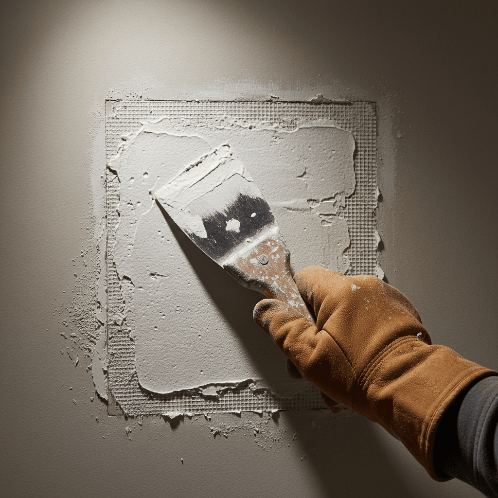 Applying joint compound to a drywall patch with a taping knife