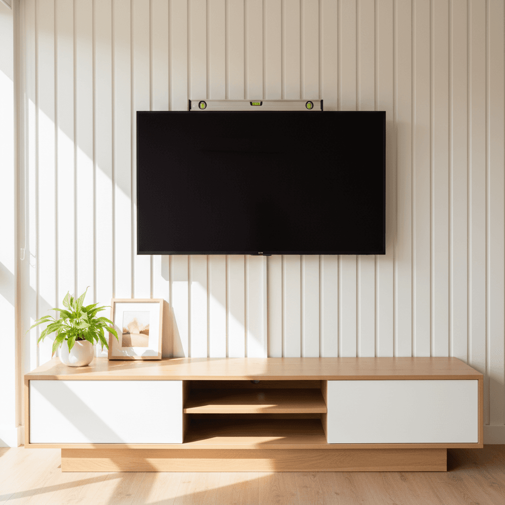 Large TV mounted on a white wall above a console with a level sitting on top