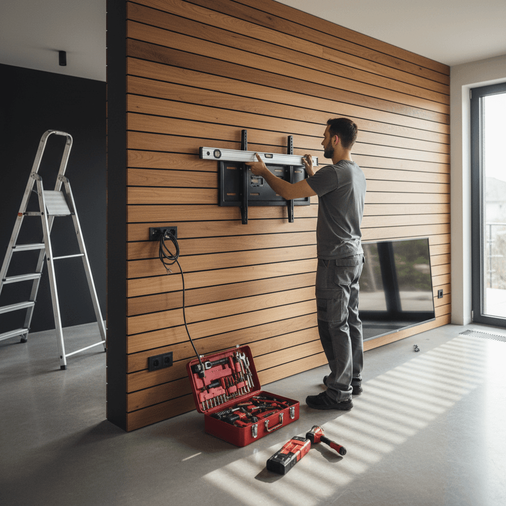 TV being mounted on a living room wall