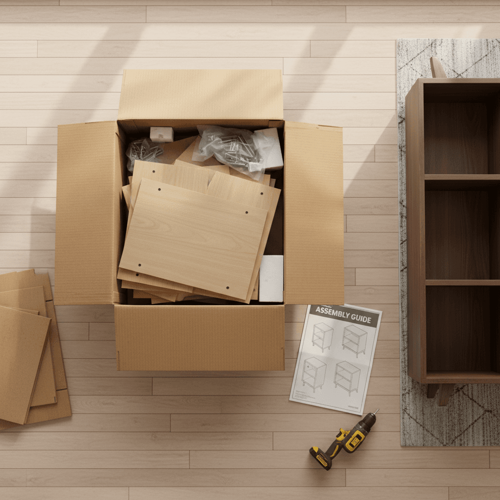 Open furniture box with instruction manual next to a completed assembled bookshelf