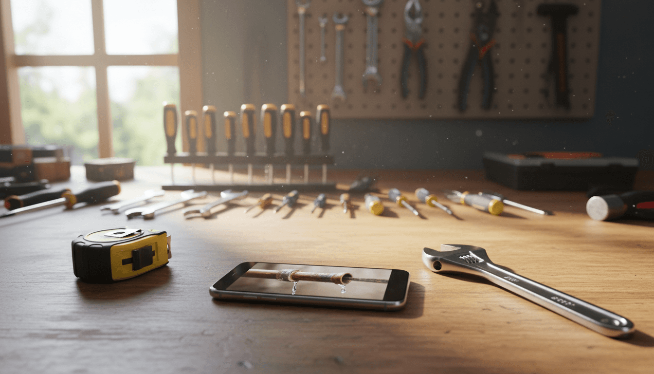 Handyman workbench with smartphone showing a photo of a repair job and tools ready