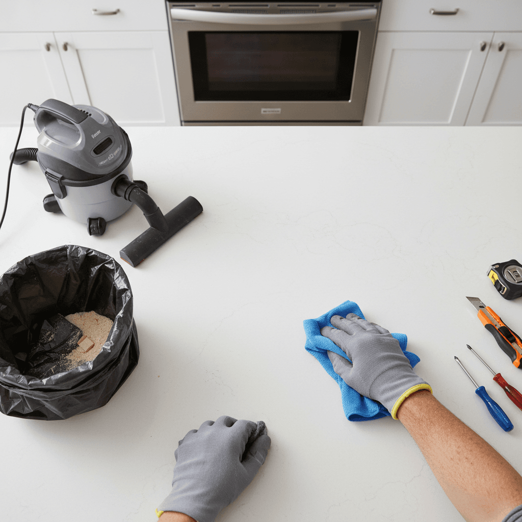 Handyman wiping a countertop clean with a cloth