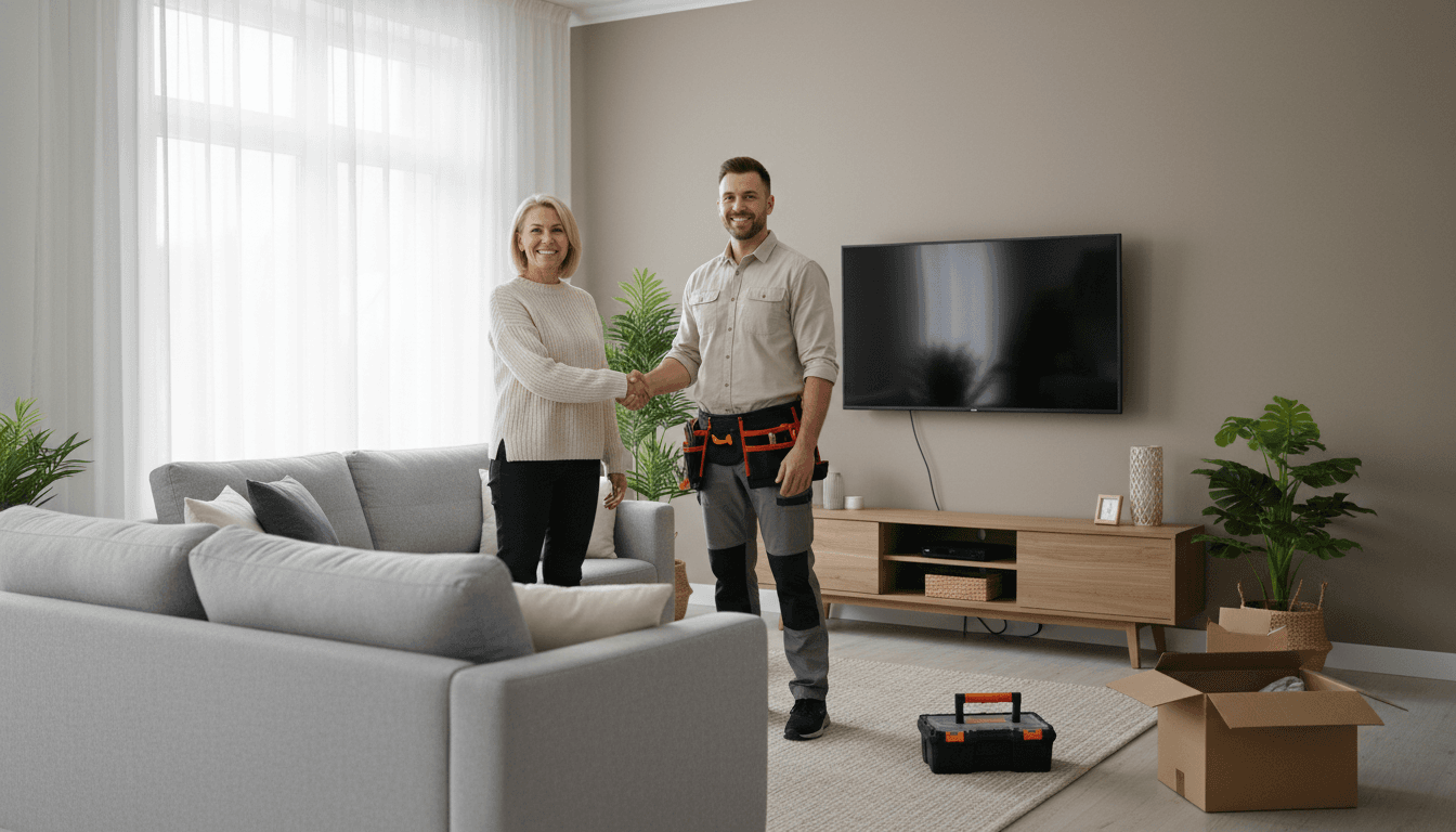 Homeowner shaking hands with a handyman after a TV mounting job