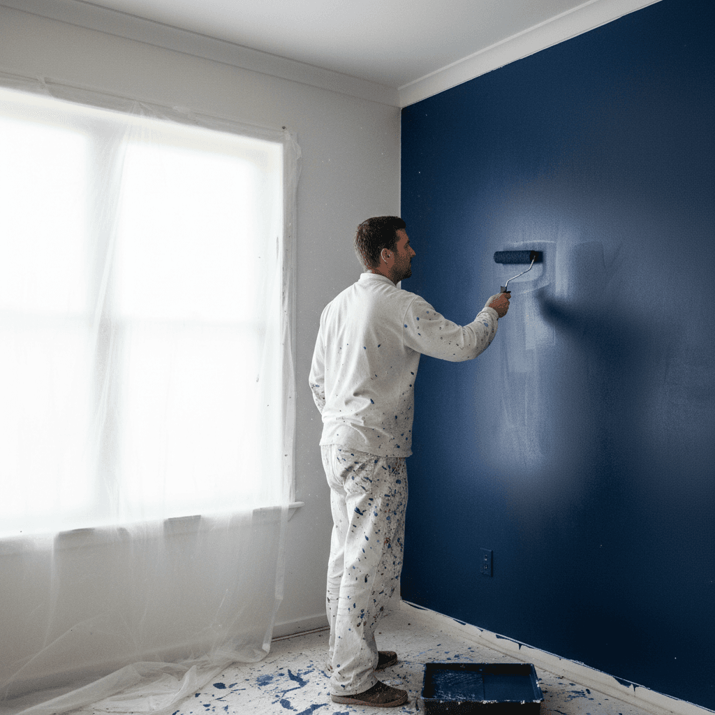 Handyman rolling navy paint on a wall with a clean ceiling line visible