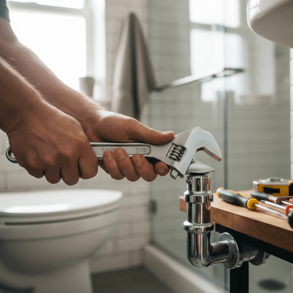 Handyman performing plumbing work with professional tools