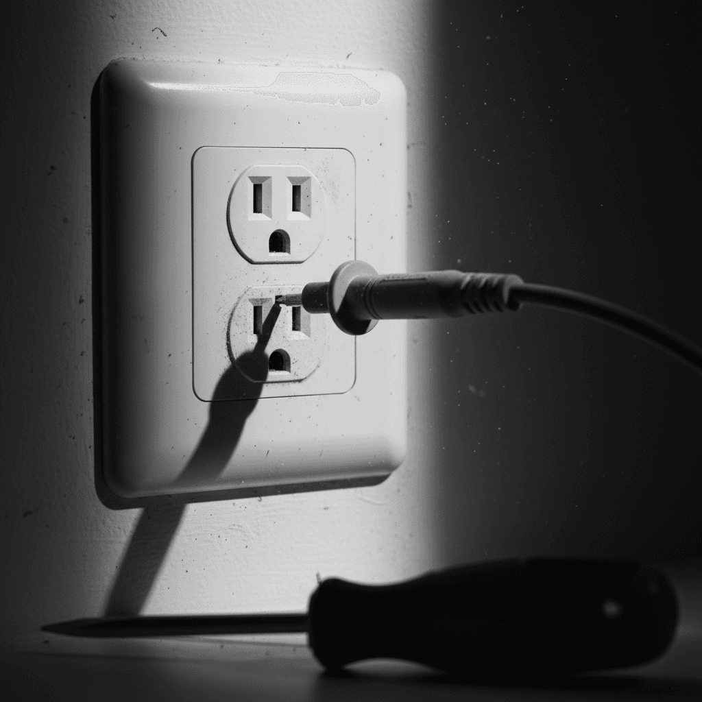Close-up of a voltage tester at a wall outlet with a screwdriver nearby