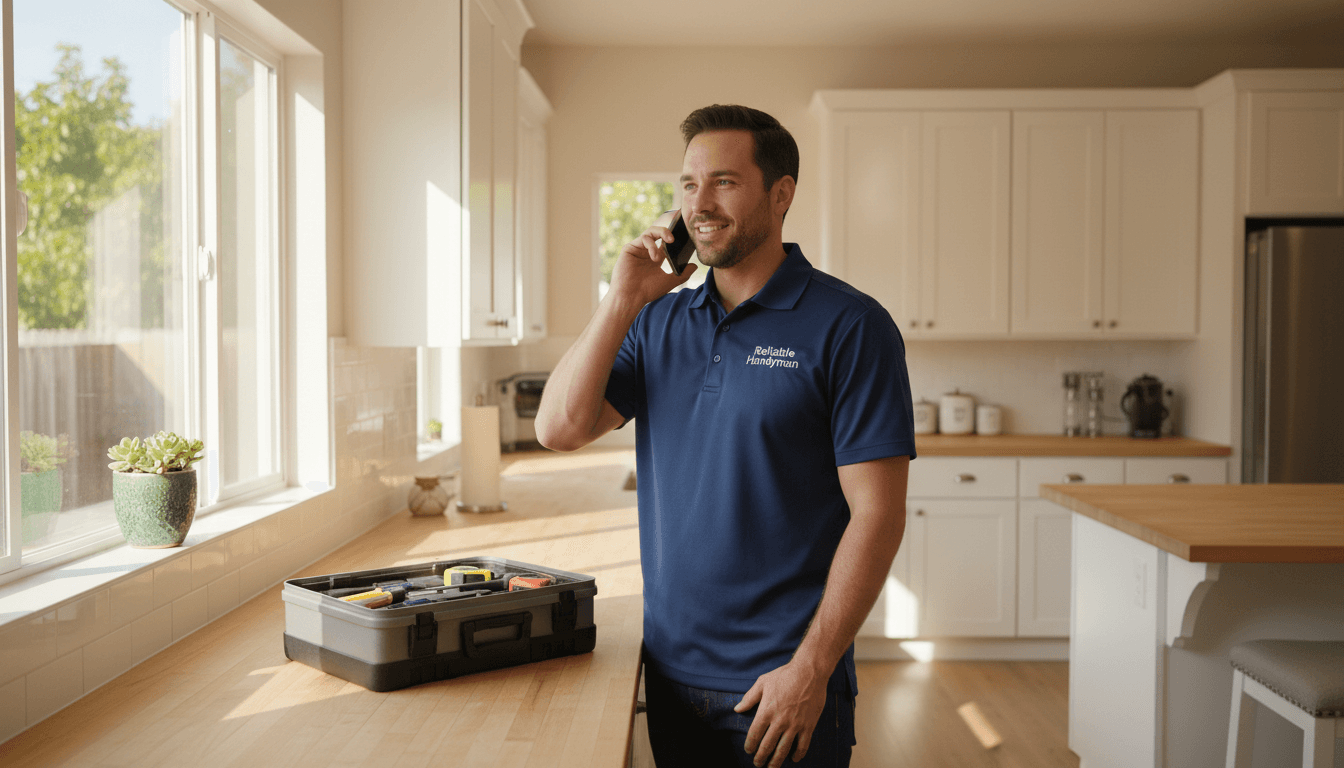 Professional handyman answering a call in a bright California kitchen