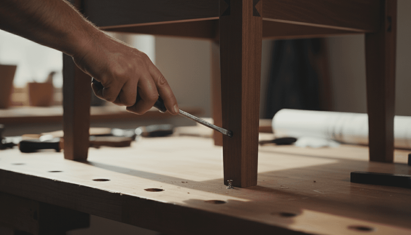 Close-up of a handyman's hands working with a screwdriver on furniture assembly