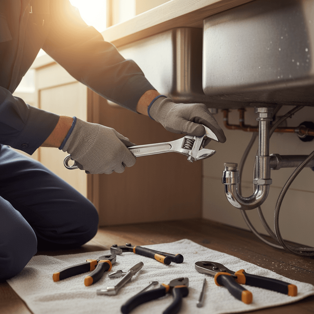 Handy Sammy tightening a faucet under a kitchen sink