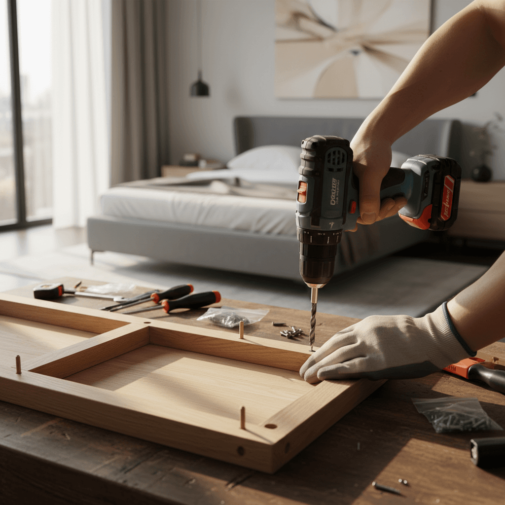 Furniture assembly work with tools and components