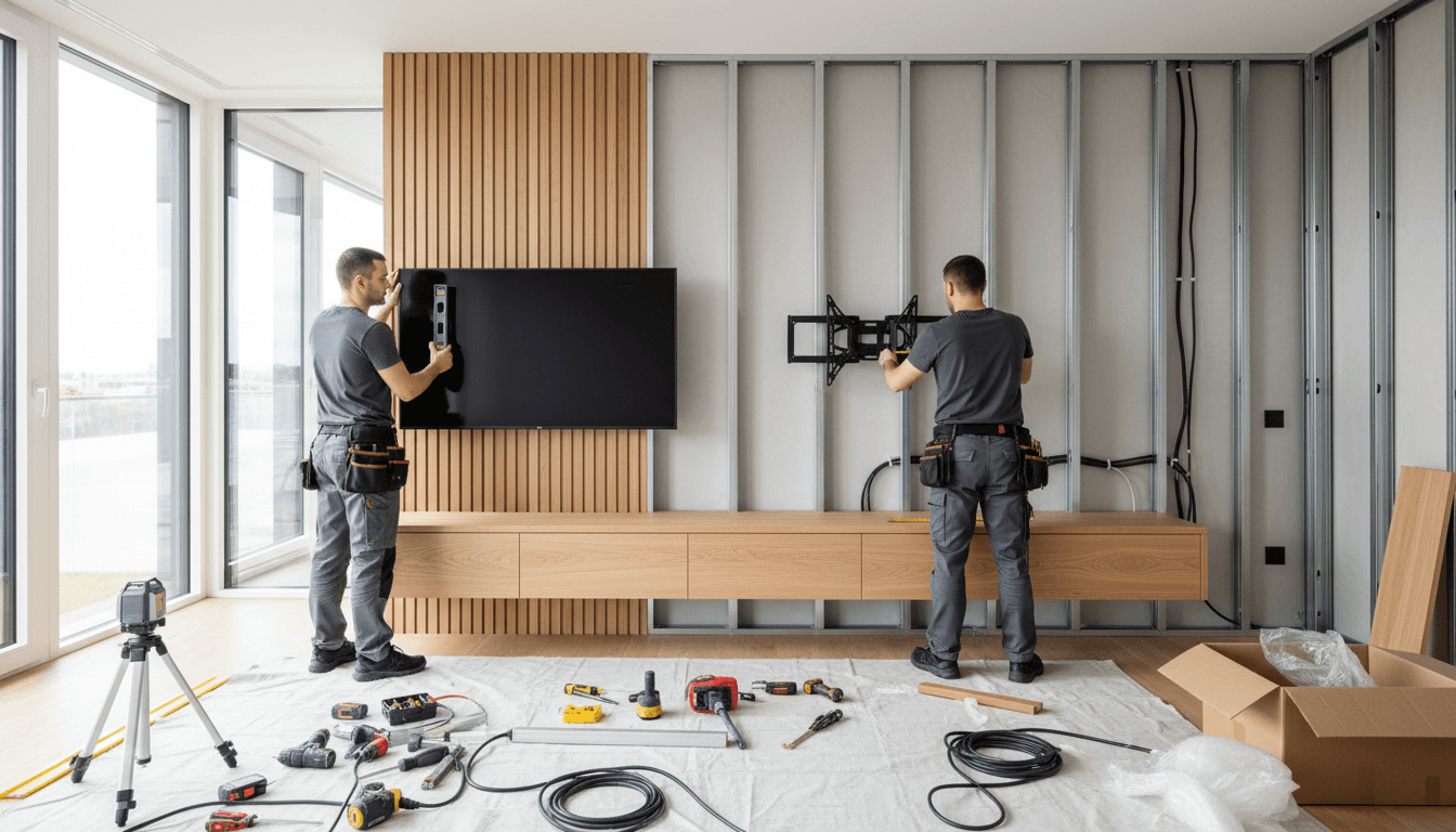 TV mounting installation on living room wall
