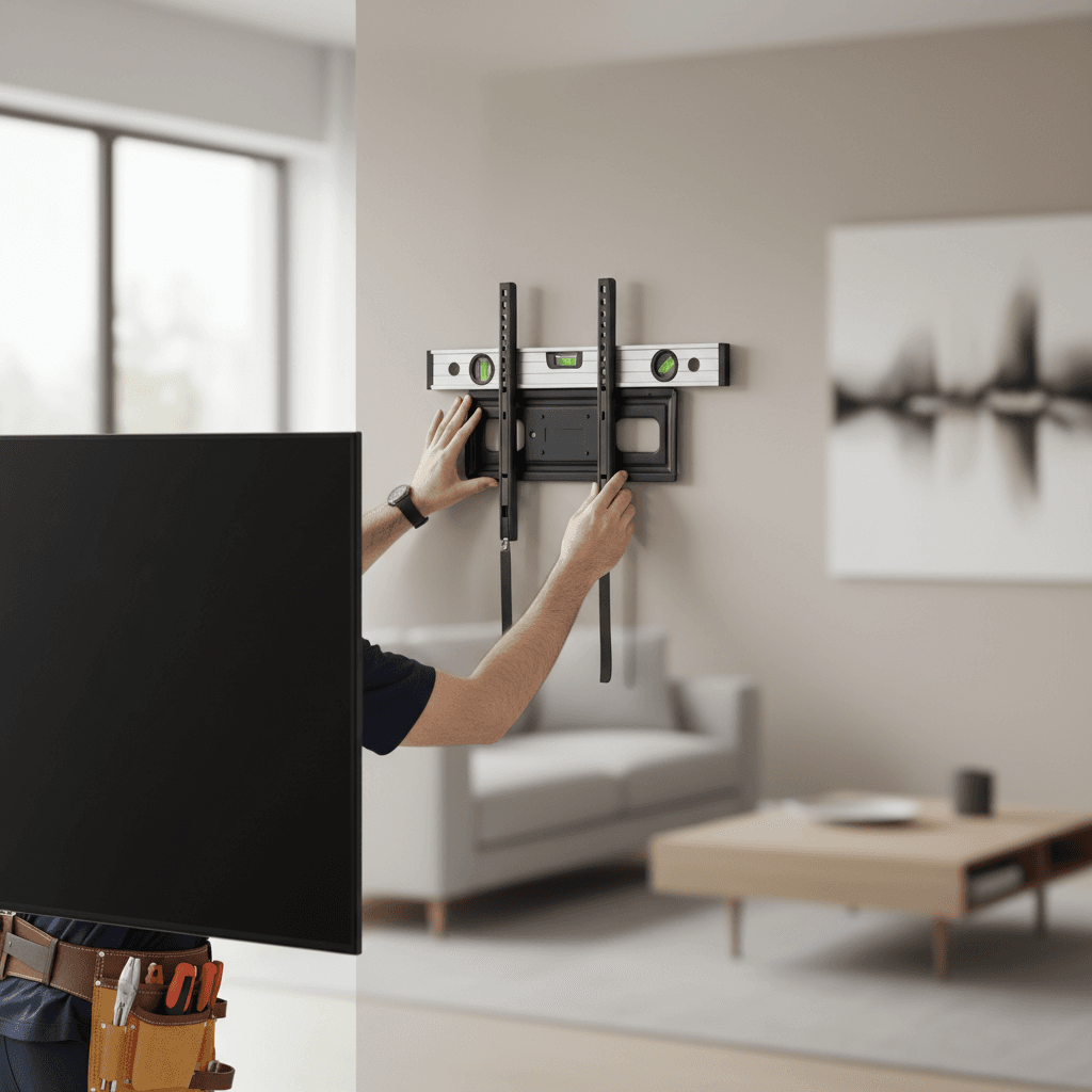 Handyman installing TV mount on wall with precision tools