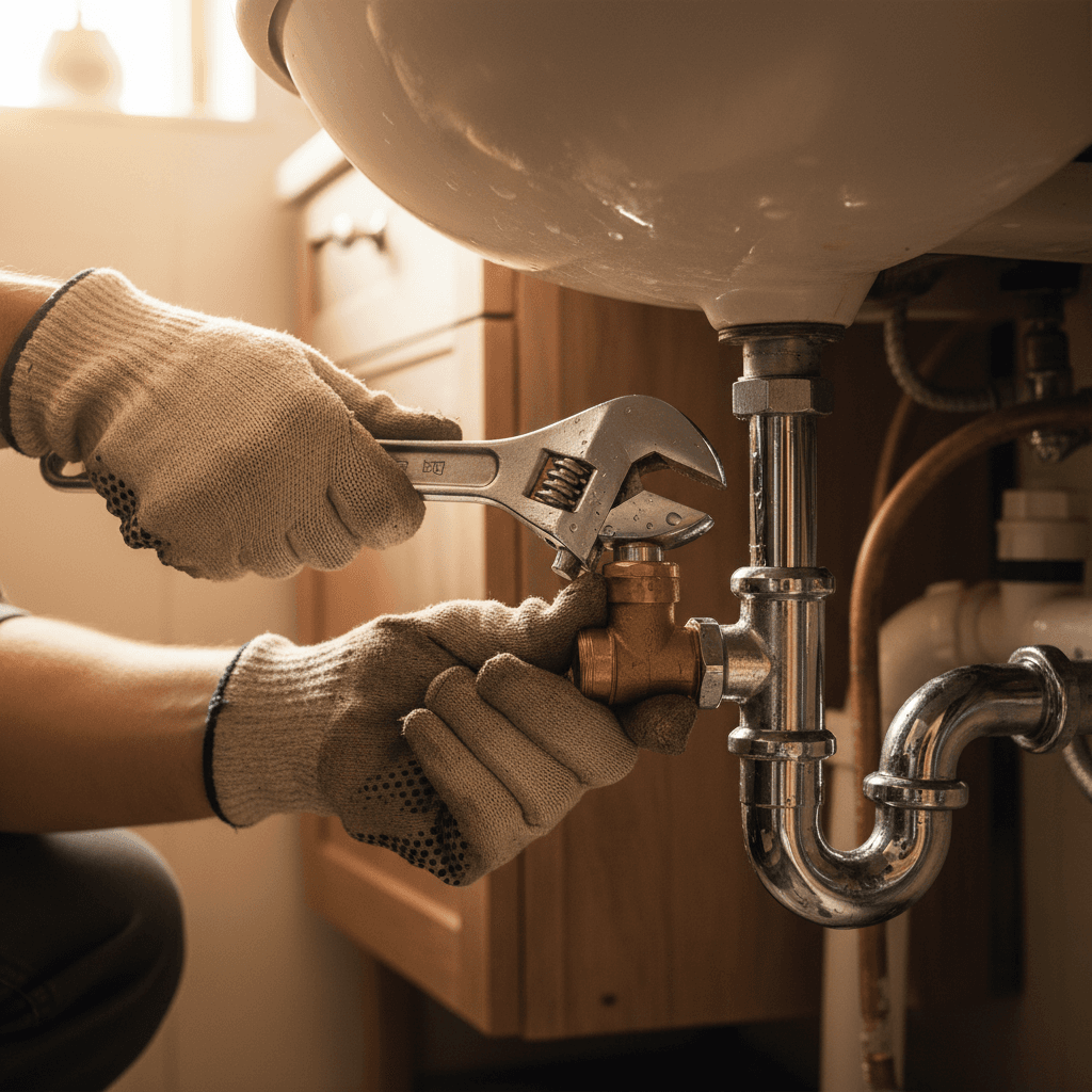 Plumbing repair work with wrench on faucet
