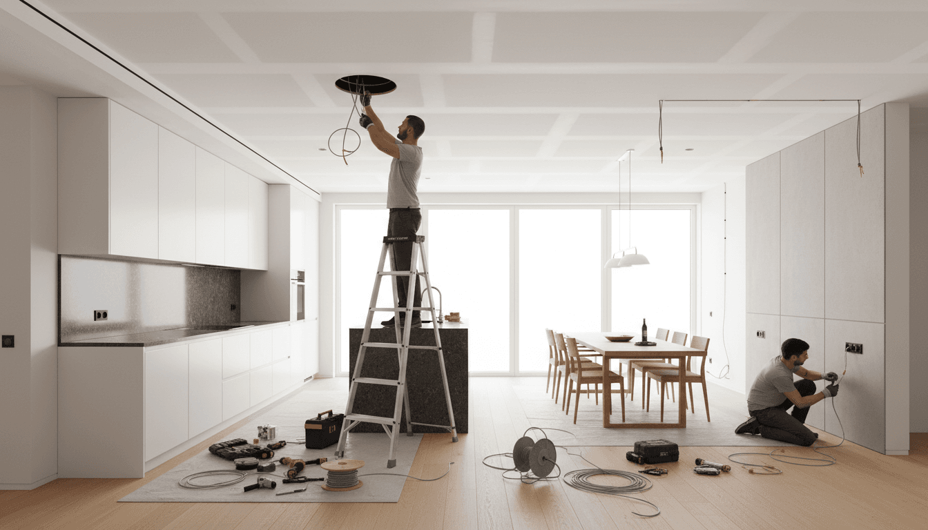 Electricians installing modern lighting fixtures and outlets during residential kitchen electrical upgrade