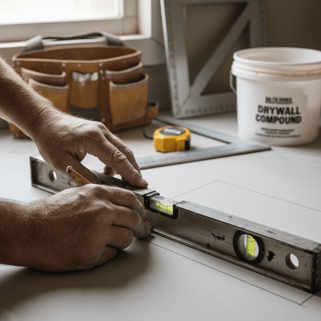 Handyman carefully measuring drywall for repair work