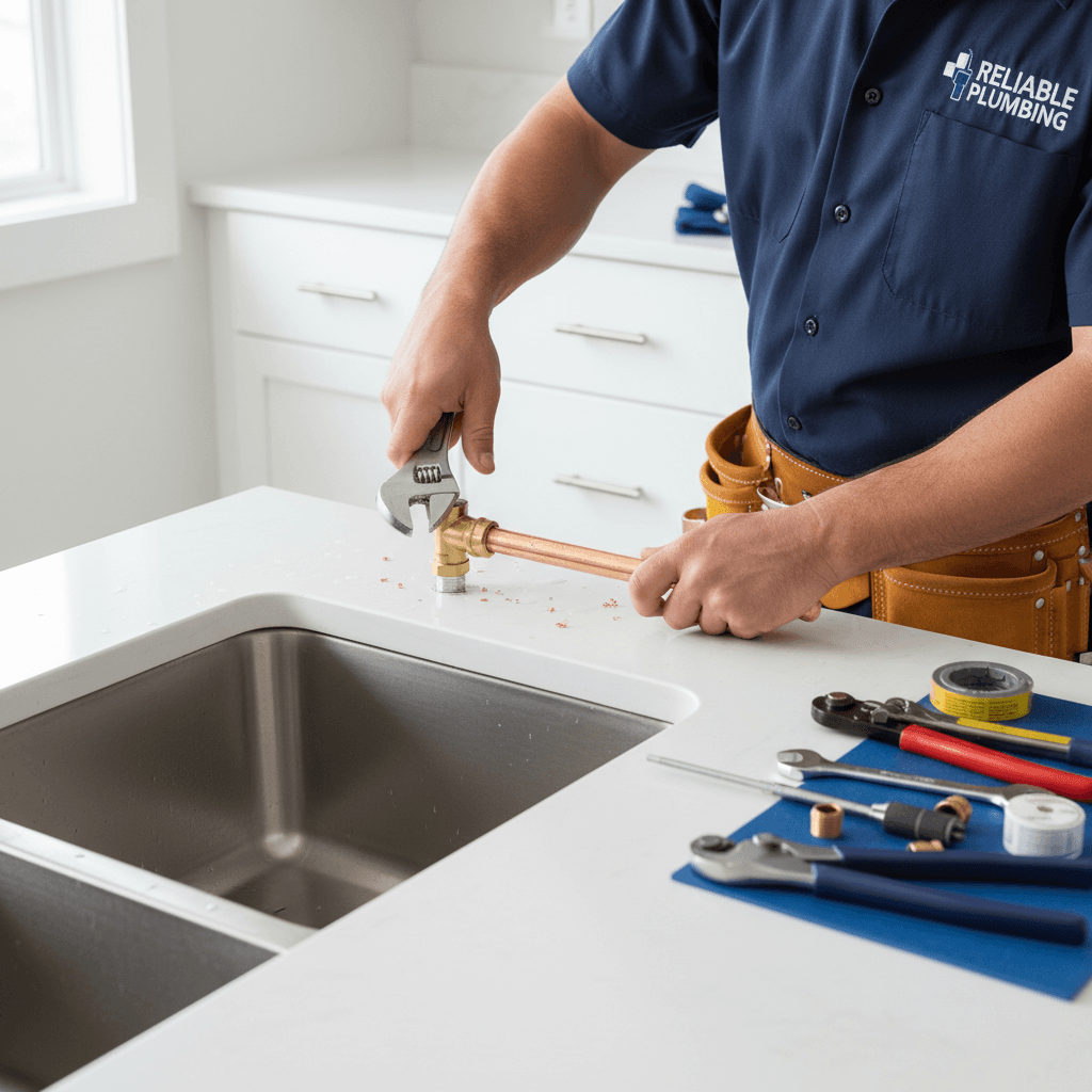 Professional handyman inspecting plumbing pipes under sink with focused attention