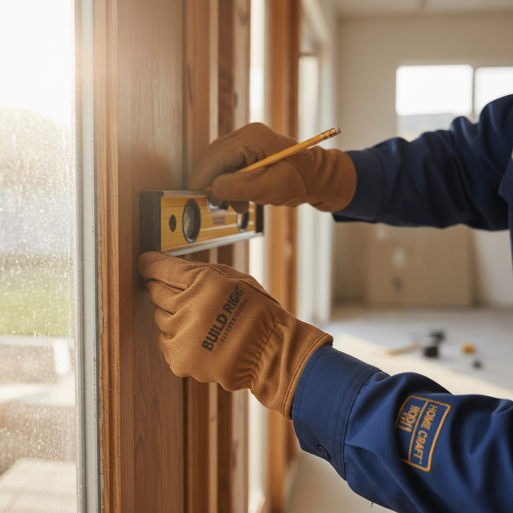 Handyman measuring and marking wall for precise installation work